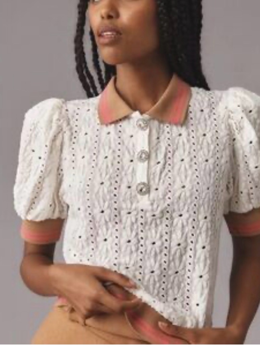 Maeve White Eyelet Knit Polo Top with Pink Trim